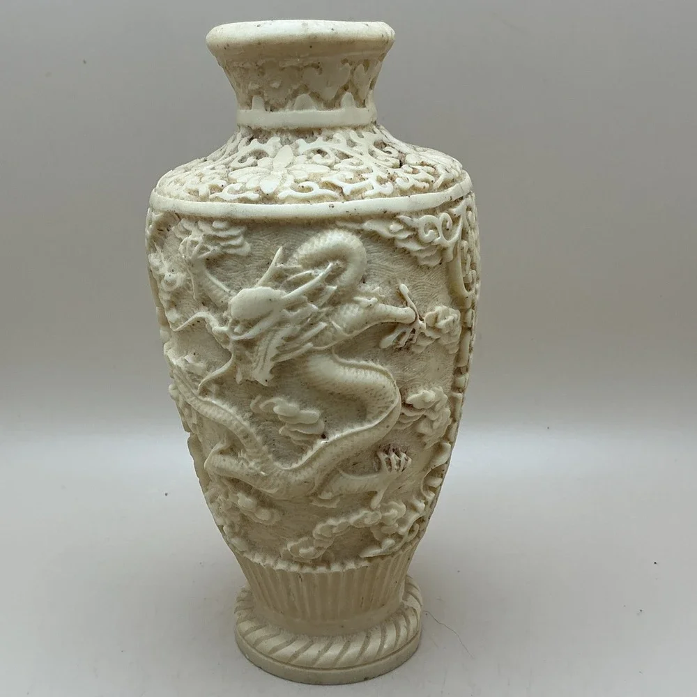 Vintage Faux Ivory Resin Dragon Vase Carved Asian Chinoiserie‎ 6 3/8